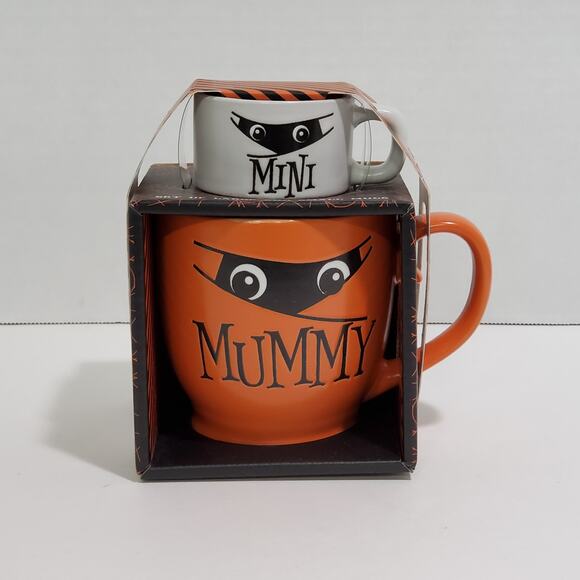 Halloween Mummy & Mini Mug Set Coffee Tea Cup Orange White Holiday Gift New - Picture 12 of 12